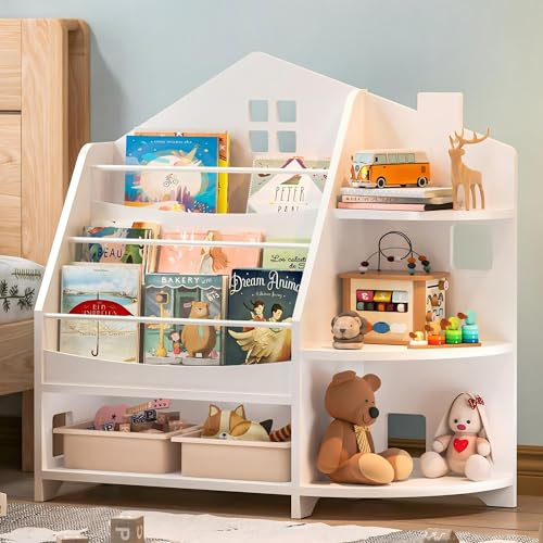 VEELOK Kinder-Bücherregal, Spielzeug-Aufbewahrung, Organizer, 4 Etagen, Hausform, Kleinkind-Bücherregal, Montessori-Bücherregal für Kinderzimmer, Klassenzimmer, Schlafzimmer, Weiß