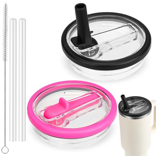 Flip Straw Lid for Stanley Quencher, Spill Proof 40 OZ Tumbler Lids for Stanley Cup, Non Spill Straw TOP Cover Replacement Accessories with Brush Black and Red