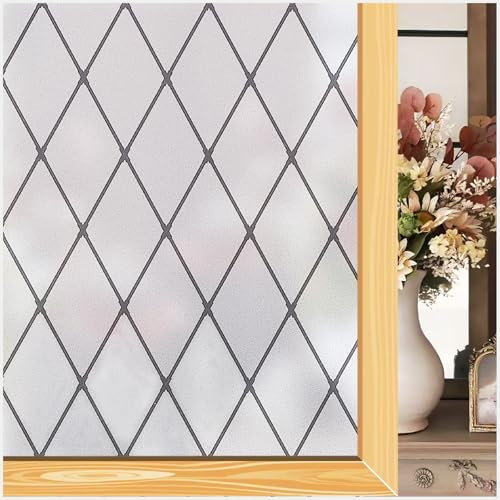Deabevn Fensterfolie Blickdicht von Aussen, Milchglasfolie Statisch Haftend & UV-Schutz, 44,5 x 400 cm Schwarze Gitter Sichtschutzfolie Wiederverwendbar für Badezimmer, Küche, Fenster, Tür