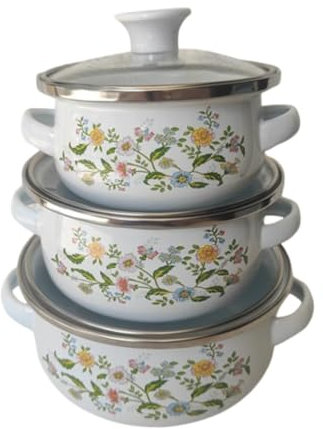 LOVIVER 3Pcs Enamel Stockpot with Lid Enamel Mini Pot Set Vintage with Handles Soup Pots Flat Bottom Cooking Pots for Home Restaurant, Flower