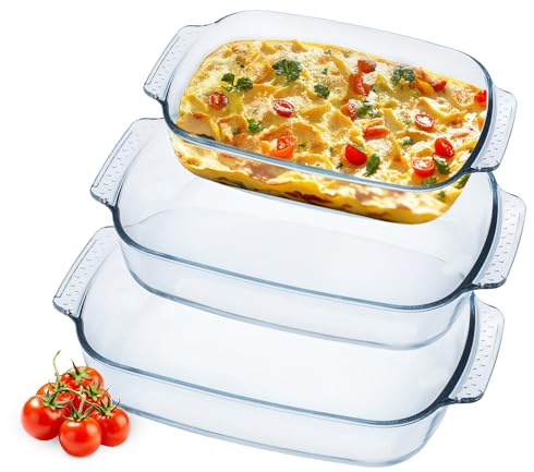 Glas Auflaufform 3er Set rechteckig 2L / 2,7L / 3,8L | Hitzebeständig bis 230°C, Spülmaschinenfest, Für Lasagne Tiramisu, Ofenschale Gratinform Backform Bräter