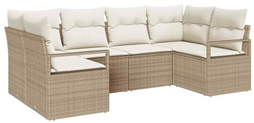 vidaXL 6-teiliges Gartensofa-Set mit Kissen in Beige aus Poly-Rattan. Modulares Design für Bequeme Sitzgelegenheiten im Freien. Perfekt für Terrasse, Lounge oder Patio im Sommer.