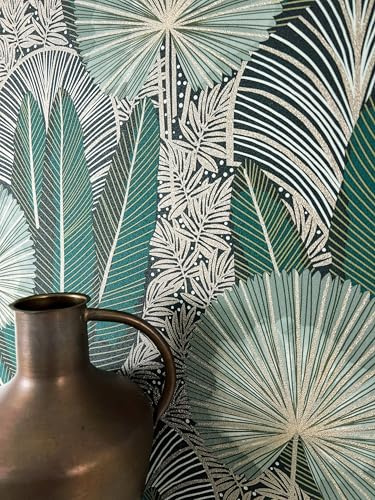 Newroom papier peint intissé jungle palmiers vert chambre salon | éventails art déco, effet métallisé brillant, noir profond menthe turquoise, touches dorées, décoration murale bureau