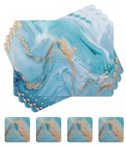 fanquare Sets de Table en Liège et sous-Verres Rectangulaires Lot 4 Peinture à l’Encre et au Lavage Bleu Clair Marbre sous-Assiette Résistants à l’Eau et à la Chaleur pour la Décoration de la Maison