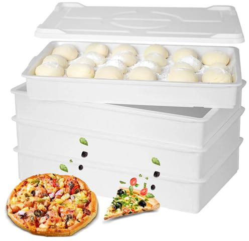 EASYROSE Commercial Pizza Dough Proofing Box Set of 4 with 1 Lid, 60 x 40 x 9.5 cm Stackable Food Grade Dough Trays for Pizza, Bread & Bakery, Heavy Duty Plastic Storage Containers, Dishwasher Safe