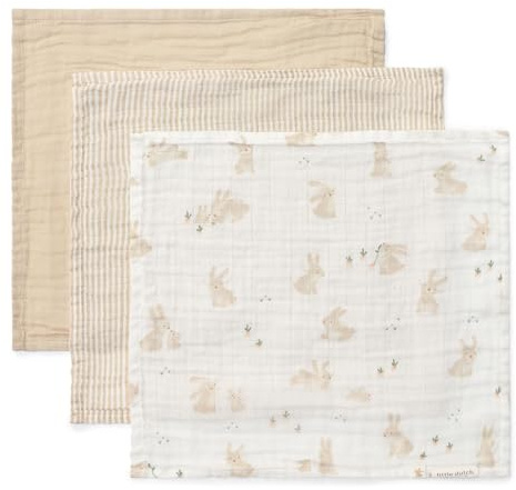 Little Dutch Mundtücher Spucktücher Mulltücher Musselin 3er Set (25x25 cm) Baumwolle Baby Bunny beige/weiß - Newborn Naturals