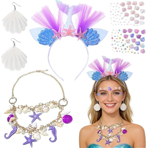 QIMMU 4 Pièces Accessoires De Sirène,Costume De Carnaval,Deguisement Sirene Accessoire,Serre-Tête De Sirène,Tatouage Visage sirèn, Boucles d'oreilles Coquillage, Pour Collier De Perles Carnaval