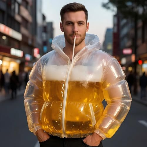 Bier Gefüllte Jacke, Transparente Biertrinkjacke mit Stroh Aufblasbare Puffer Party Jacken für Männer Frauen Lustiges Gag Geschenk für Bier Pools Partys Festivals