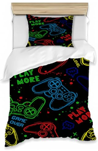 goodbath Single Duvet Cover Sets, Gaming Bedding Set 1 Pillowcase | 3D Gamer Joysticks Game Soft Brushed Microfiber Bed Duvet Cover 3 Pieces for Boys Girls Kids,Colorful