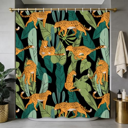 Ttincceer 180x180cm Dschungel-Leoparden-Duschvorhang Safari-Wildtiere Tropische Palmenblätter Badezimmer Dekorativ Wasserabweisend Boho Modern Natur Badewannenzubehör
