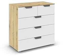 Rauch Möbel ADITIO, Kommode, Farbe Weiß/Eiche Artisan, Breite 80 cm | Sideboard im modernen Look, 5 Schubladen, Soft-Close-Funktion, für Schlafzimmer, Gästezimmer, Wohnzimmer, Garderobe, Flur