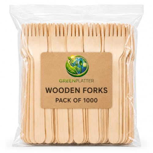 Greenplatter Wooden Forks - Disposable Biodegradable Birch Wood Utensils for Parties, Picnics, Weddings, BBQs, and Events (1000)