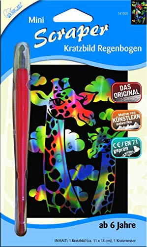 Mammut Spiel & Geschenk 141001 Kratzbild Motiv Giraffe, Komplettset mit Kratzmesser und Übungsblatt, Mini Scraper, Scratch, Kritzelbild, Kratzset für Kinder ab 8 Jahre, Regenbogen