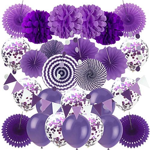 ZERODECO Party Dekoration, Violett Konfetti Ballons Papier Pompoms Aufhängen Fächer Dreieckige Wimpel und hängende Girlande Partyzubehör Sets für Hochzeit Babyparty Kinderzimmer Geburtstag Party