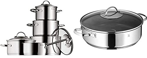 WMF Provence Plus - Batería de Cocina, Acero Inoxidable Cromargan, Tapas de Cristal + Profi Plus - Sartén con Tapa, cromargan 18/10 Acero Inoxidable, con Recubrimiento Antiadherente Durit ProfiSelect