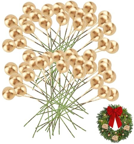 HERCHR 100 Pezzi Bacche Artificiali di Agrifoglio e Dorate, Natale Decorazione di Bacche, Bacche Decorative Natalizie Bacche di Agrifoglio Natalizio Oro Bacca di Natale Bacca Finta Fiore Fai da Te