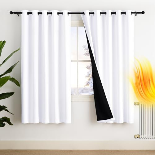 PONY DANCE 100% Blackout Double-Layer Curtains with Liner - Thermal Insulated 66x72 Inch Long Curtains for Bedroom Living Room, Energy Energy & Noise Reducing, White Grommet Blackout Drapes, 2 Panels