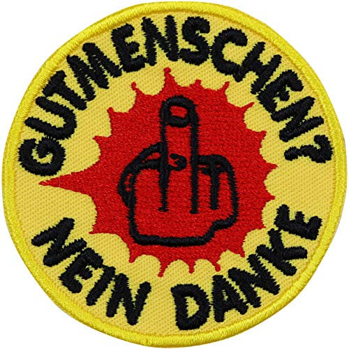 Aufnäher GUTMENSCHEN? NEIN DANKE Aufbügler Patch zum annähen/aufbügeln | Jeans Flicken Mittelfinger Bügelbild Sticker Umweltschutz lustige Applikation für alle Stoffe | 60x60mm