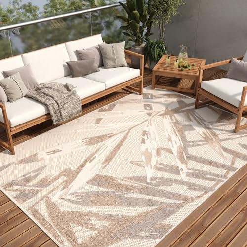 TAPISO Patio Teppich Indoor Outdoor Creme Beige Blätter Sisal Optik Strapazierfähig Wetterfest Flachgewebe Terrasse Wohnzimmer ÖKO-TEX 200 x 300 cm
