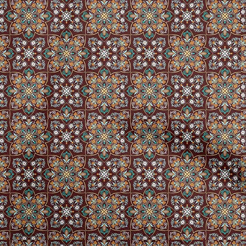 oneOone Brauner Baumwoll Flex Stoff, Asiatische Ornamente, Florale Fliesen, Bastelprojekte, Dekostoff, Bedruckte Meterware, 40 Zoll Breit