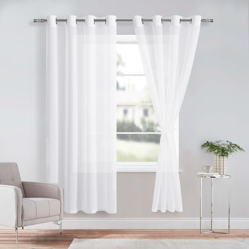 DWCN Sheer Voile Vorhang Transparente Gardine mit Ösen 2 Stücke Ösenschal für Wohnzimmer, Babyroom,Schlafzimmer, Weiß, 210x132cm(HxB)
