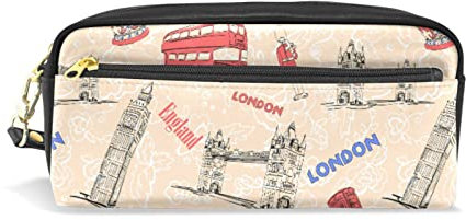 Vintage England London Big Ben Red Bus Crown Human PU Leather Pencil Case, Pencil Bag Storage Pouch Pen Marker Stationery Bag Holder for School Office Portable Zipper Pouch