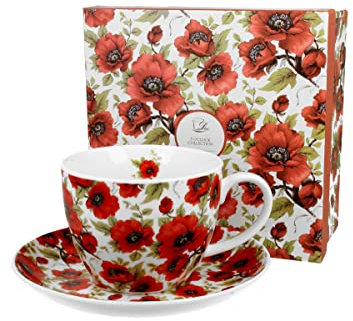 DUO FLORAL Jumbobecher 470 ml LINA mit Untertasse, New Bone China Porzellan