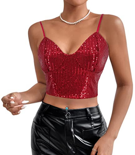 Naimo Canotta da donna con paillettes glitterate, senza maniche, scollo a V, con scollo a V, colore: Camisole, Colore: rosso, S