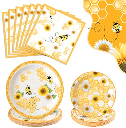 Kesote Party Supplies Bee Themed Dinnerware Set Paper Plates Napkins for Birthday Party Baby Shower Wedding Party Serve for 24 Guests