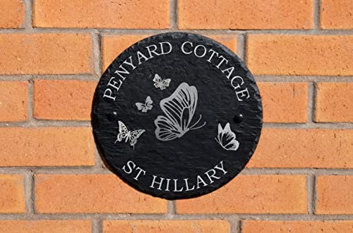 Personalised Large Round Slate Outdoor House/Home Sign Plaque, Engraved With Your House Number And Street Name (Butterfly)