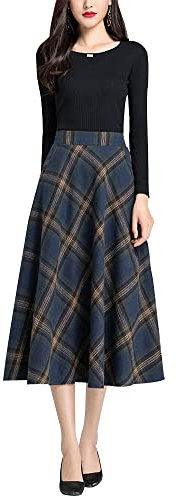 Damen Hohe Taille Karierter Rock Winterrock Vintage Elegant Plaid Warm Wollrock Lang Röcke Retro Elastische Taille A Linie Casual Party Midi Faltenrock Dark Blue XL