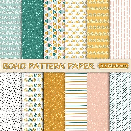 Whaline 60 Stück Boho-Muster Papier A5 Regenbogen Punkt Streifen Scrapbook Spezialpapier Doppelseitiges dekoratives Bastelpapier für DIY Kunst Handwerk Kartenherstellung Fotoalbum Journal Dekoration