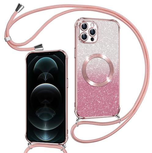 Phoona Hülle für iPhone 12 Pro mit Band, Rosa | [Kompatibel mit MagSafe] Luxuriöse Glitzer Beschichtung Magnetische Handyhülle zum Umhängen Kordel Silikon Stoßfest