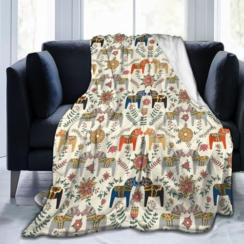 Überwurfdecke mit schwedischen Dala-Pferden, weiche Fleecedecke, für Herren und Damen, Geschenk für Kinder, Jungen, Mädchen, für Party, Couch, Sofa, Bett, Deko-Decken, 50 x 40 cm
