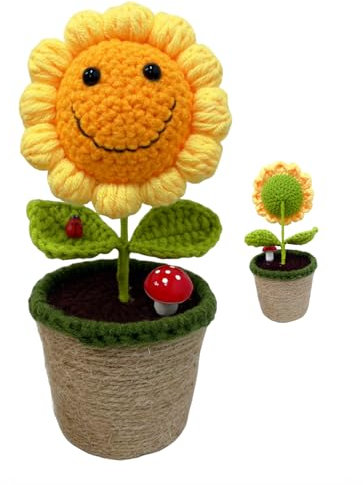 JOPOYOCO Künstliche Häkel-Sonnenblume, Geschenke zum Muttertag Handgestrickte Wolle Smiley Gesicht Blumentopf Sonnenblume für Home Decor Ornamente Kinder Geburtstag Hochzeit Teacher's Day Geschenke