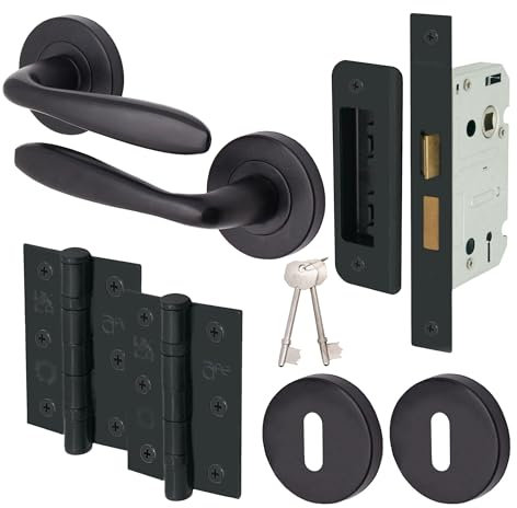 EAI Black Key Lock Door Handle Set | Round Internal Door Handles, Sash Lock, Hinges (76mm) & 2 Escutcheons | Matt Black…