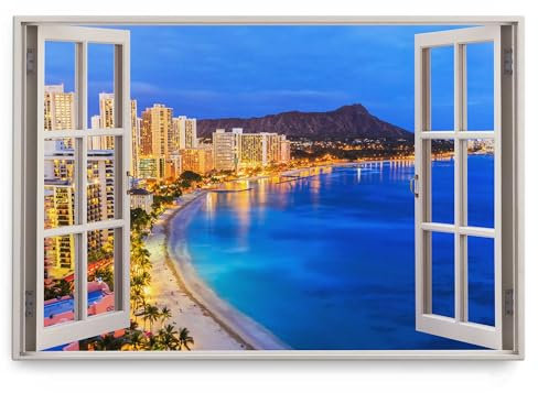Paul Sinus Wandbild 120x80cm Fensterbild Hawaii Honolulu Küstenstadt Nacht Stadtlichter Strand