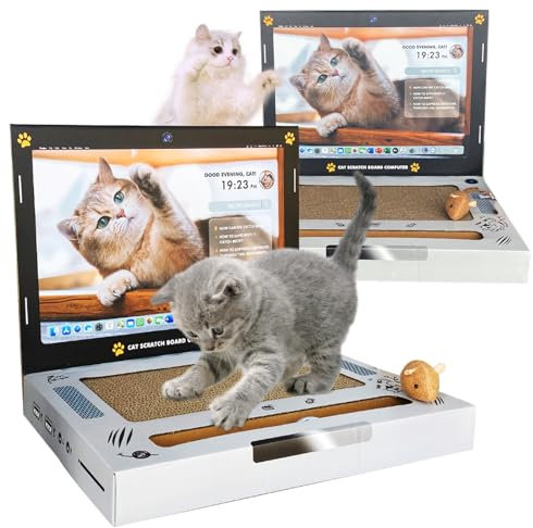 L&W BROS. Cardboard Cat Scratcher 3-in-1 Cat Laptop Toy with Fluffy 'Mouse'& Bell Ball Corrugate Cat Scratch Pad for Cats(2PC)