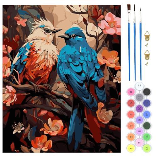 QENSPE Malen Nach Zahlen Set Bunte Vögel, Malen Nach Zahlen für Erwachsene Blume, DIY Paint by Numbers für Anfänger mit Pinseln, Wand Kunst Dekor Geschenke 40x50cm, Rahmenlos