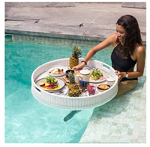 Bandeja de Servicio Tejida de ratán, Bandeja Flotante para Servir, Mesa de Piscina, Bandeja Flotante Redonda para Comida para Piscina, Bandeja Flotante de Desayuno de ratán PE, Bandeja Flota