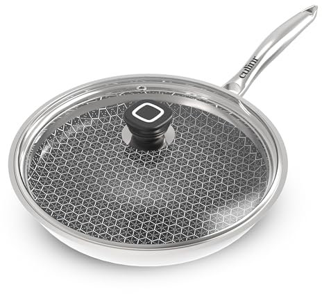 Culinr™ 9” Inch Hexagon Surface Hybrid Nonstick Stainless Steel Frying Pan with Glass Lid, Oven and Dishwasher Safe, Non-Toxic, Compatible with All Stovetops