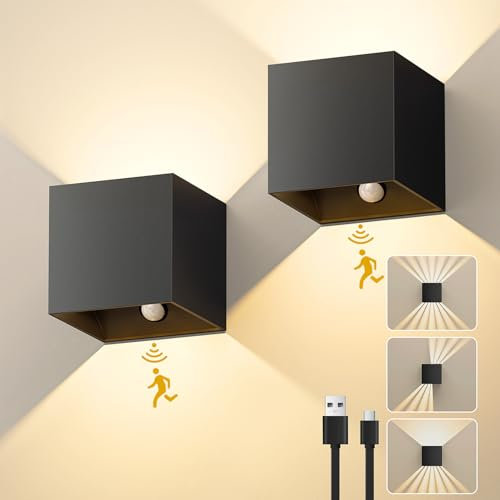 Lureshine Akku Wandleuchte Innen Mit Bewegungsmelder,2 Stück Wandlampe Akku DIY Einstellbar Strahlform,3000K LED Wandleuchte USB Aufladbar Kabellos Dimmbar Schwarz Aluminium Schlafzimmer Wohnzimmer