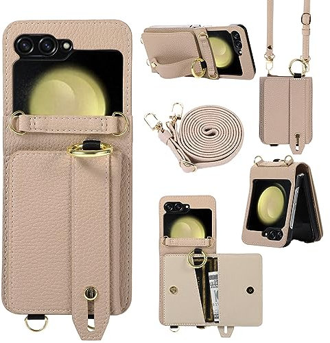 XMTON Custodia per Samsung Galaxy Z Flip 6 Crossbody con portafoglio [slot per schede] [cavalletto ad anello] Custodia in pelle di Alta Qualità Cover a tracolla per Samsung Galaxy Z Flip 6, Khaki