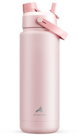 POWCAN 32 oz Insulated Water Bottle with 2-in-1 Straw and Spout Lid, Keep Cold 24H, Leak-Proof, BPA-Free, Double Wall Stainless Steel Water Bottle for Sports, Gym, Travel, and School (Cotton Candy)