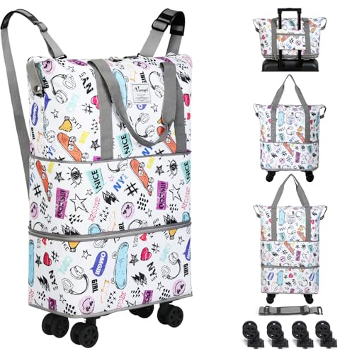 Voowo Reisetasche mit Rollen, faltbar, erweiterbar, Reisetasche mit Rädern für Reisen, Rollgepäck, Handgepäck mit Rollen, großer Rollrucksack, Wochenendtaschen für Männer und Frauen, Weiss/opulenter