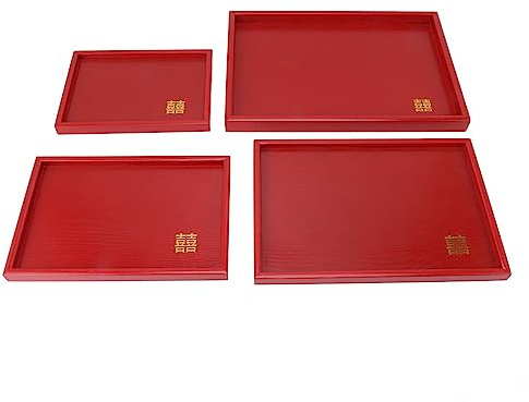 OUCRIY Plateau de Service de Chinois, Assiette de thé, café, Collation, Fruits en Bois, Plateau de Bonbons, 4 Pièces (Rectangulaire)