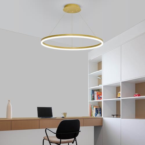 Mikeru Pendelleuchte Ring Gold, 40cm LED Dimmbare Hängeleuchte Modern Esszimmer 10% Bis 100% LED Pendelleuchten Höhenverstellbar mit Speicherfunktion 3000k/4500k/6500k für Wohnzimmer, Küche