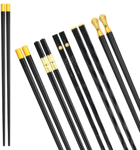 YILANJIN 5 Paires Baguettes en Fibre de Verre, Baguettes Antidérapantes et Réutilisables, Baguettes Fantaisie, Baguettes en Métal pour Sushis, Ramen, Plats Asiatiques, Cadeau (Noir)