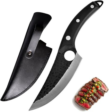 Fubinaty Chef's Knife Handmade Forged Kitchen Knives 6'' High Carbon Steel Full Tang Cooking Knife with Leather Sheath and Black Wooden Handle