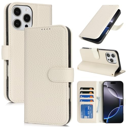 Zouzt Leather Wallet Case for iPhone 16 Pro, 4 Card Slot, Milky White | Genuine Leather, Card Holder, Shockproof TPU Shell, Magnetic Closure, Protective Flip Folio Phone Cover, For Women Men